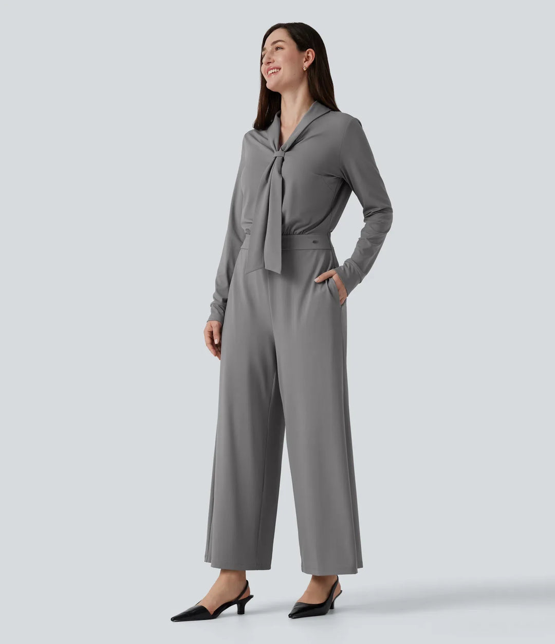 V Neck Long Sleeve Wide Leg Work Jumpsuit with Pockets-Easy Peezy Edition