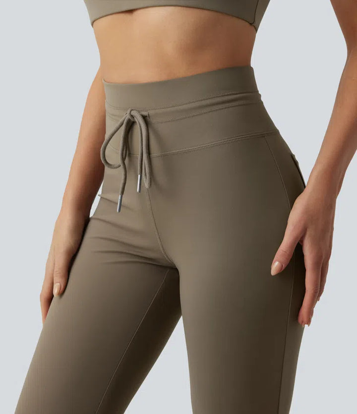 High Waisted Drawstring Plain Flare Yoga Pants with Pockets