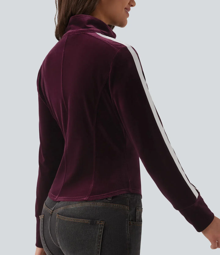 Mock Neck Long Sleeve Stripe Velvet Casual Jacket