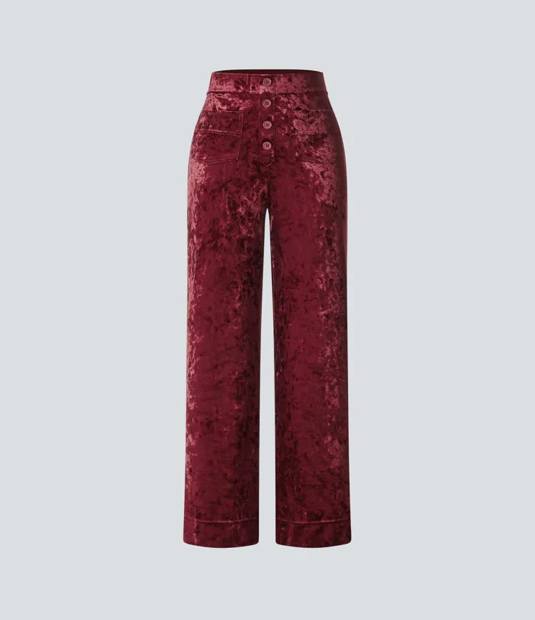 High Waisted Pockets Straight Leg Velvet Casual Pants