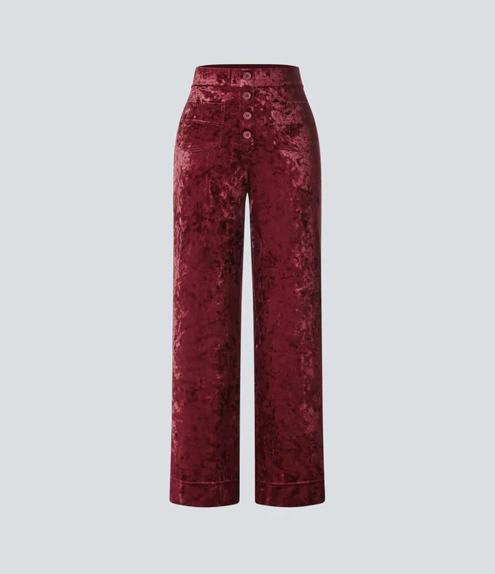 High Waisted Pockets Straight Leg Velvet Casual Pants