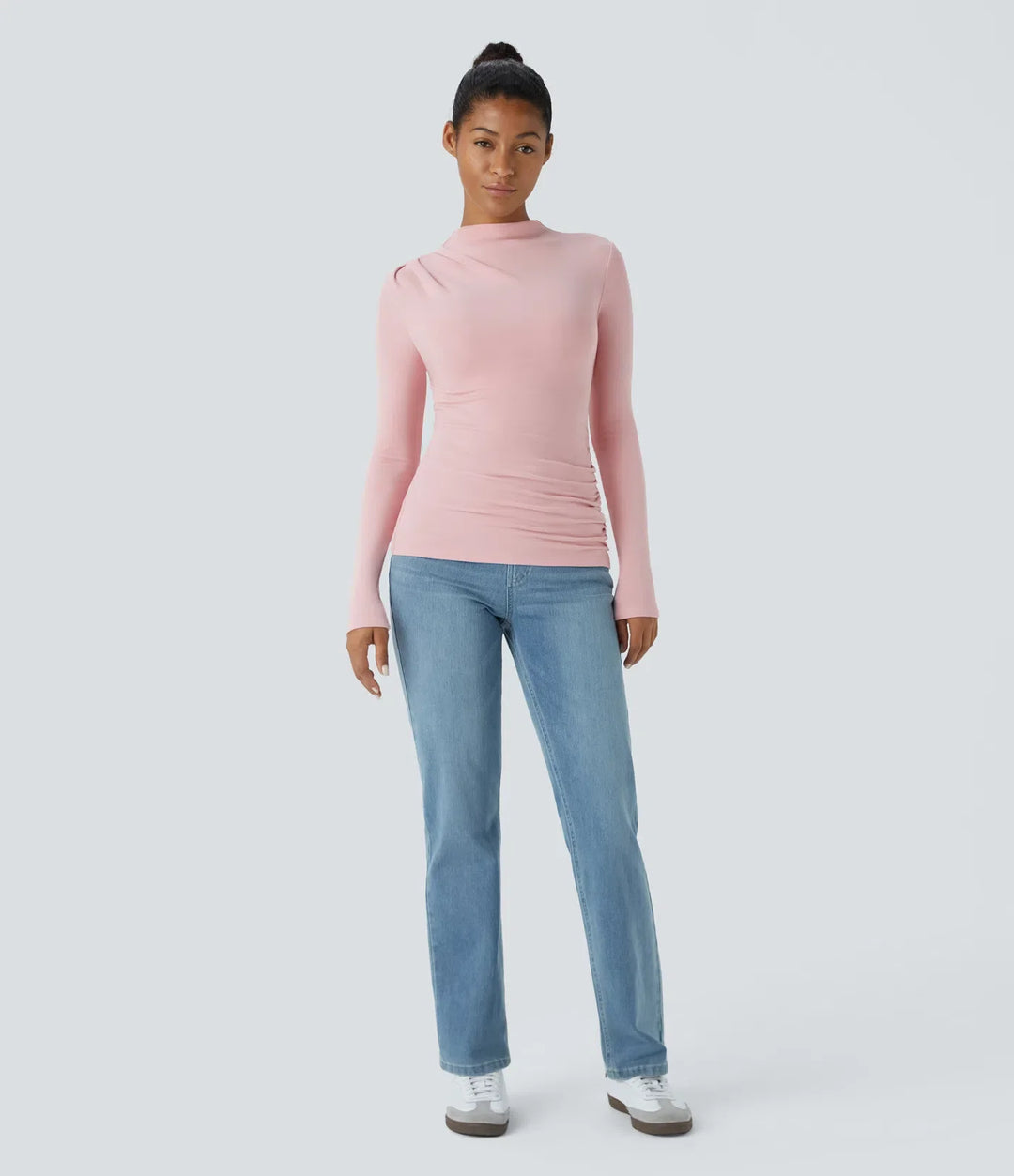 Funnel Neck Long Sleeve Ruched Skinny Thermal Casual Top