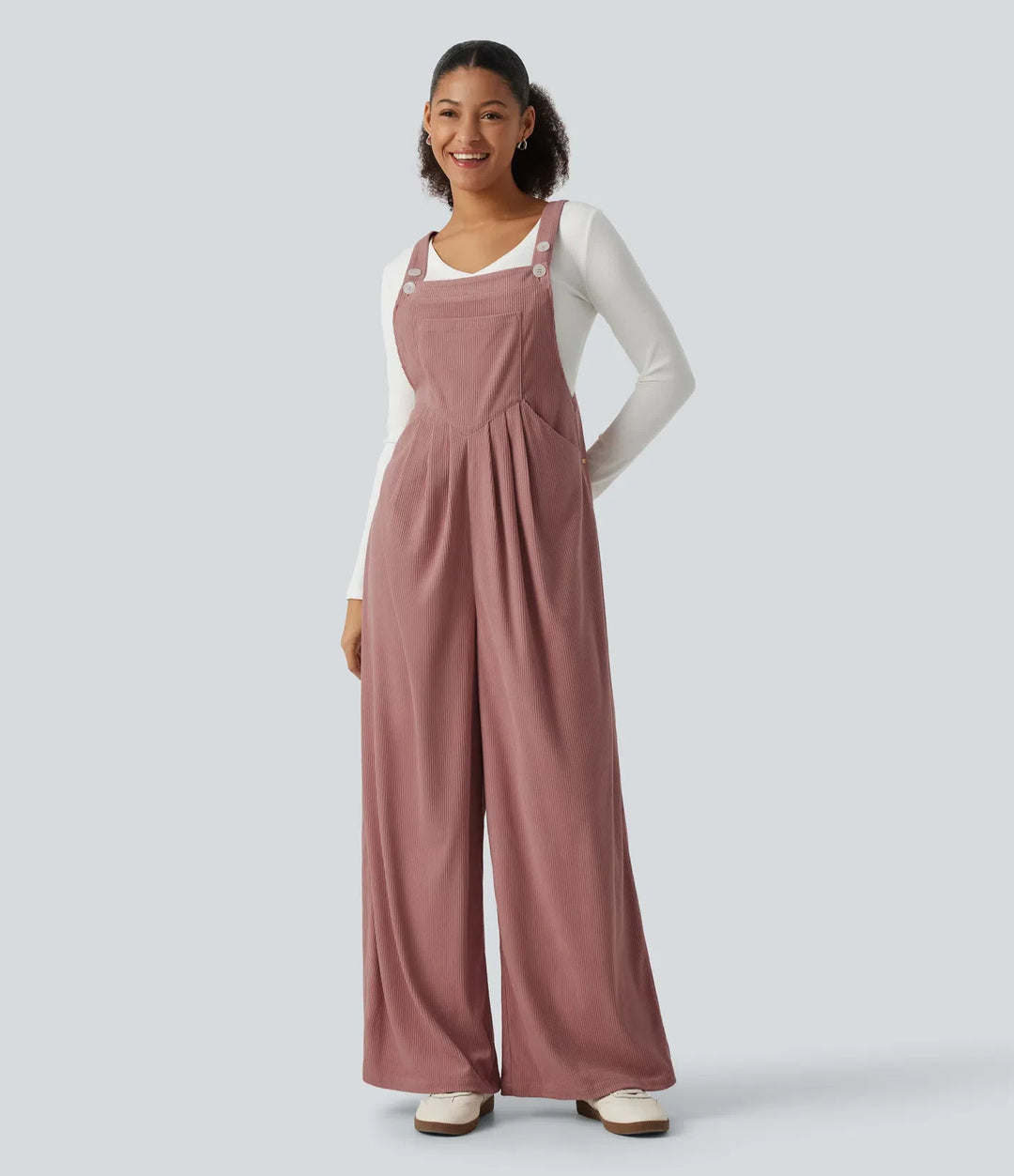 Sleeveless Pleated Corduroy Casual Overalls with Pockets