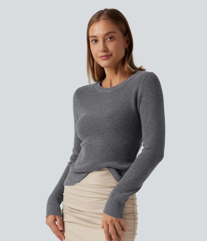 Round Neck Long Sleeve Cut Out Crossover Casual Sweater