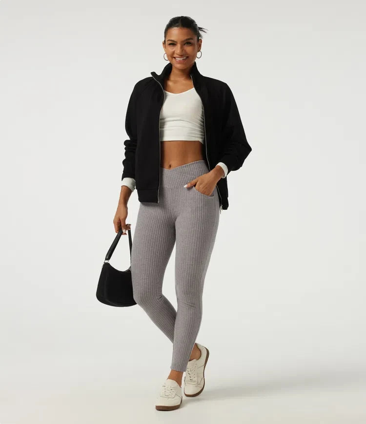 Ribbed Knit Crossover High Waisted Skinny Casual Leggings with Pockets
