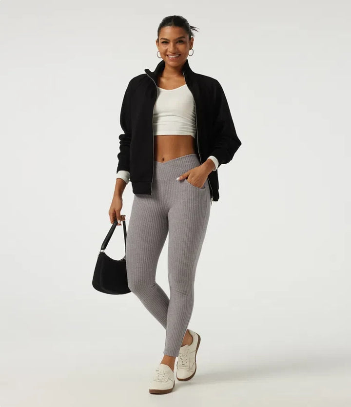 Ribbed Knit Crossover High Waisted Skinny Casual Leggings with Pockets