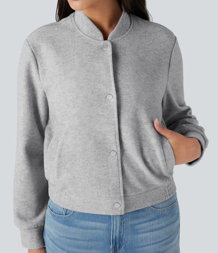 Stand Collar Long Sleeve Fleece Casual Bomber Jacket with Pockets