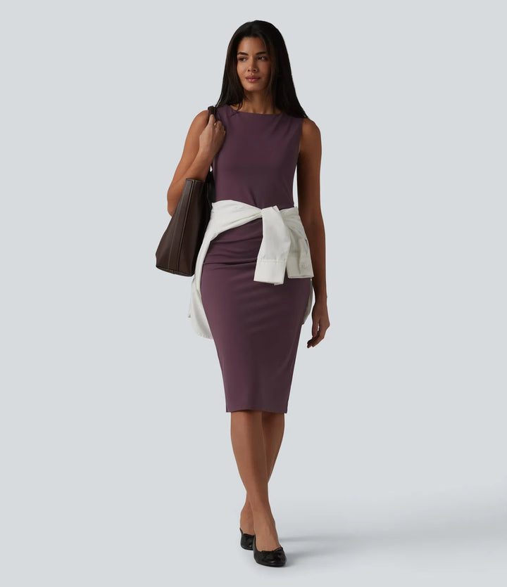 Boat Neck Sleeveless Pencil Midi Work Dress