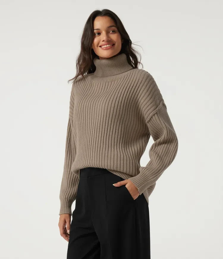 High Neck Long Sleeve Dropped Shoulder Casual Wool-Blend Sweater