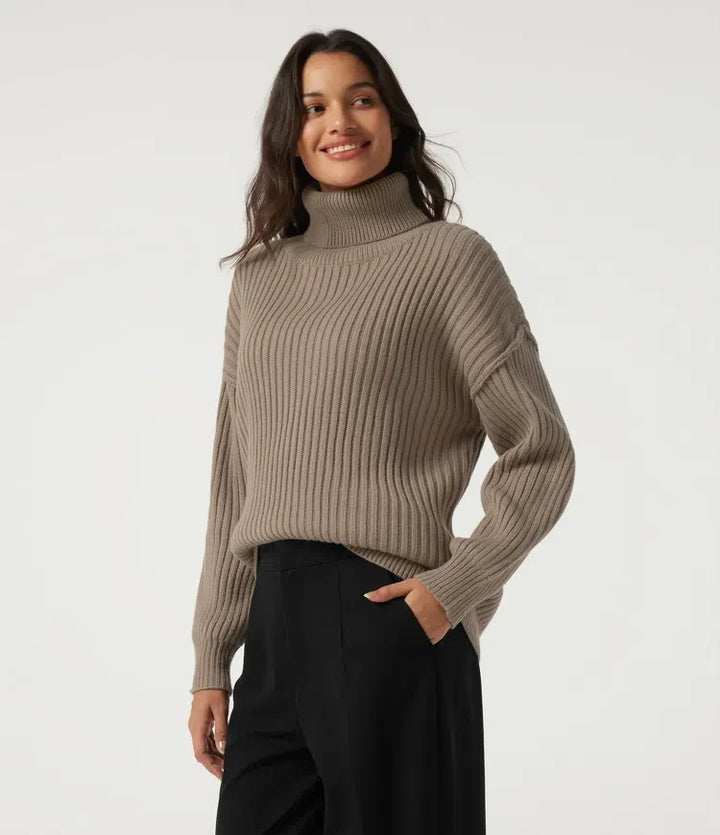 High Neck Long Sleeve Dropped Shoulder Casual Wool-Blend Sweater