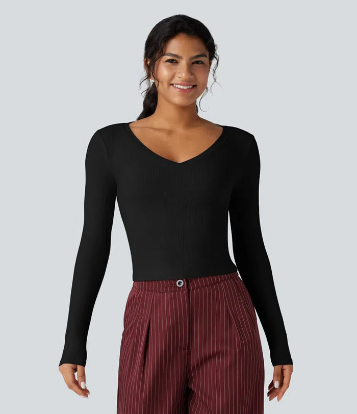 Ribbed Knit V Neck Long Sleeve Cropped Work T-Shirt