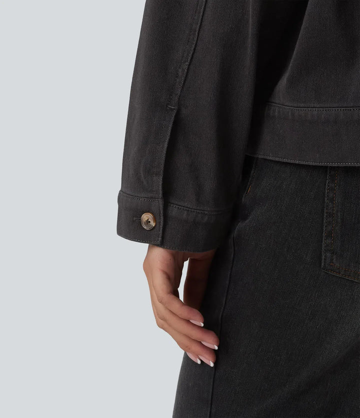 Halara Flex Round Neck Long Sleeve Denim Casual Jacket with Pockets