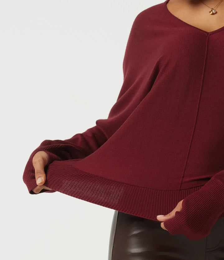 V Neck Batwing Long Sleeve Casual Sweater with Thumbholes