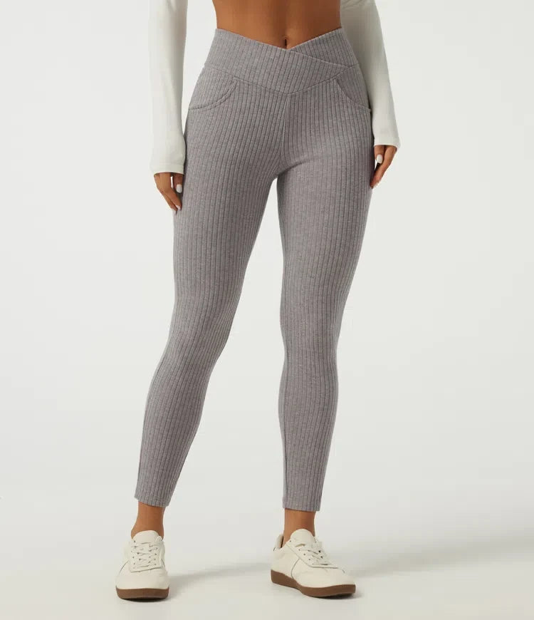 Ribbed Knit Crossover High Waisted Skinny Casual Leggings with Pockets