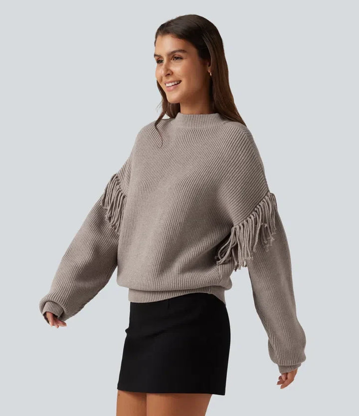 Round Neck Long Sleeve Fringe Work Sweater