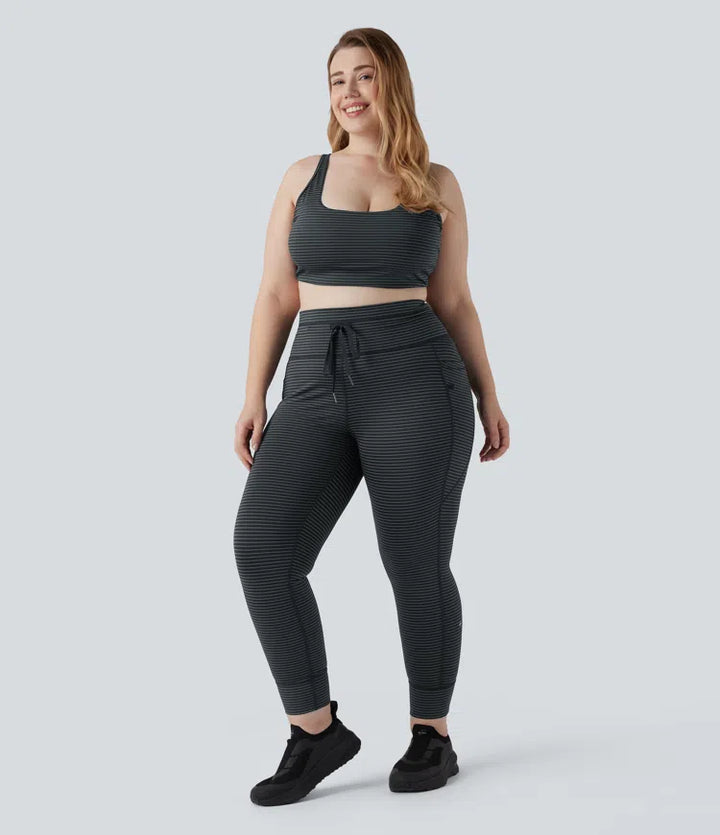 High Waisted Drawstring Striped Yoga Plus Size Leggings with Pockets