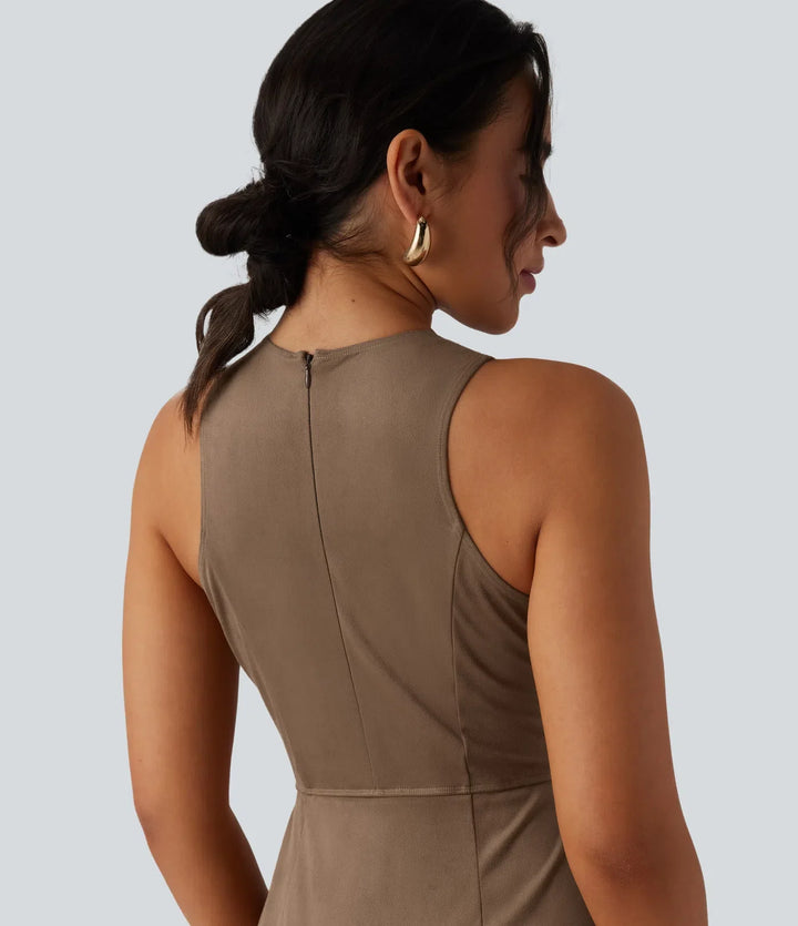 Round Neck Sleeveless Fringe Bodycon Suede Mini Dress