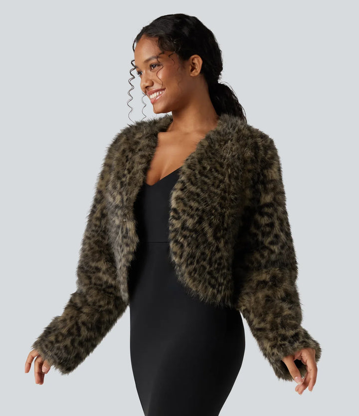 V Neck Long Sleeve Casual Faux Fur Coat