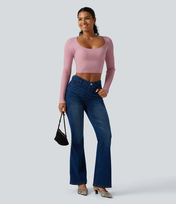 Round Neck Long Sleeve Cut Out Tie Back Casual Sweater