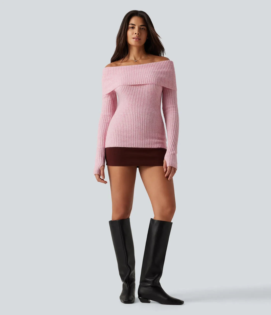 Off Shoulder Long Sleeve Thumb Hole Work Sweater