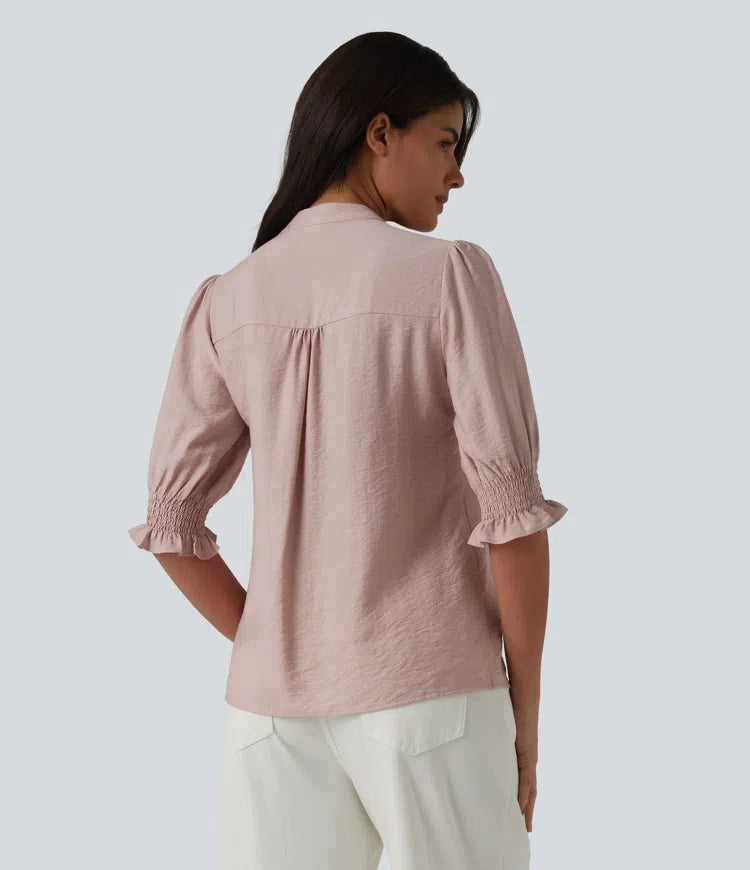 V Neck Puff Short Sleeve Casual Blouse