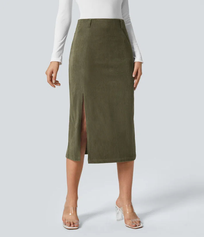 High Waisted Hem Midi Corduroy Casual Skirt