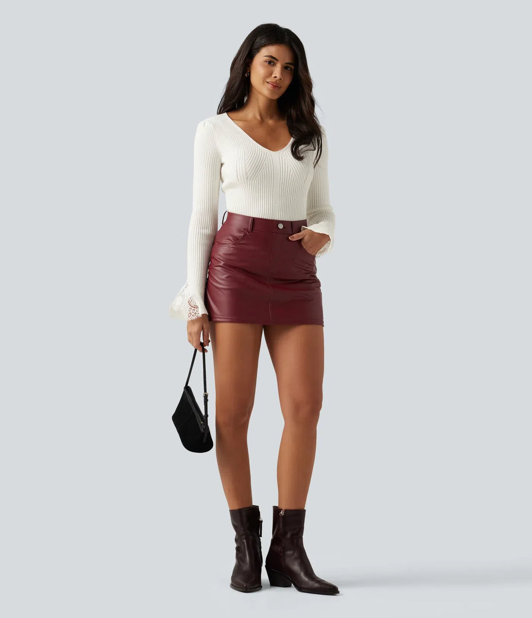 V Neck Long Sleeve Contrast Lace Work Sweater