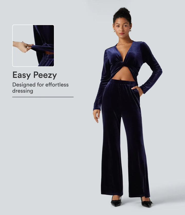 Deep V-neck Long Sleeve Twisted Tie Back Velvet Party Jumpsuit with Pockets-Easy Peezy