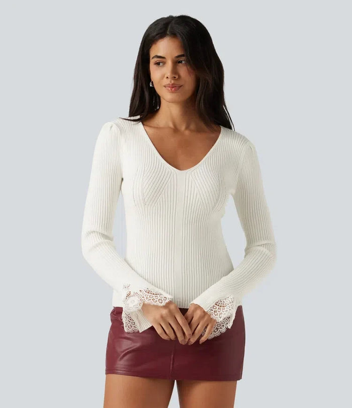 V Neck Long Sleeve Contrast Lace Work Sweater