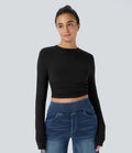 Round Neck Long Sleeve Ruched Skinny Cropped Casual Top