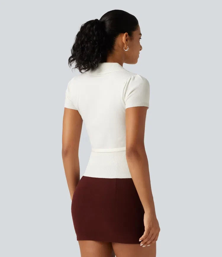 V Neck Short Sleeve Ruched Slim Casual Sweater