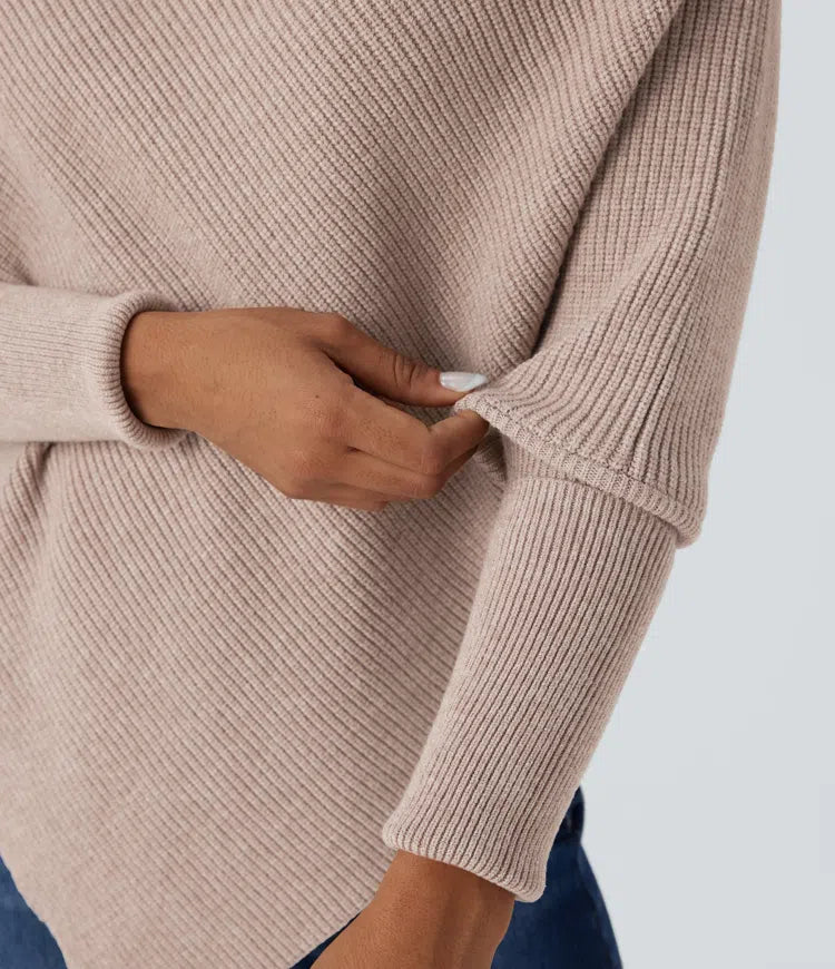 Turtleneck Batwing Sleeve Asymmetric Hem Casual Sweater
