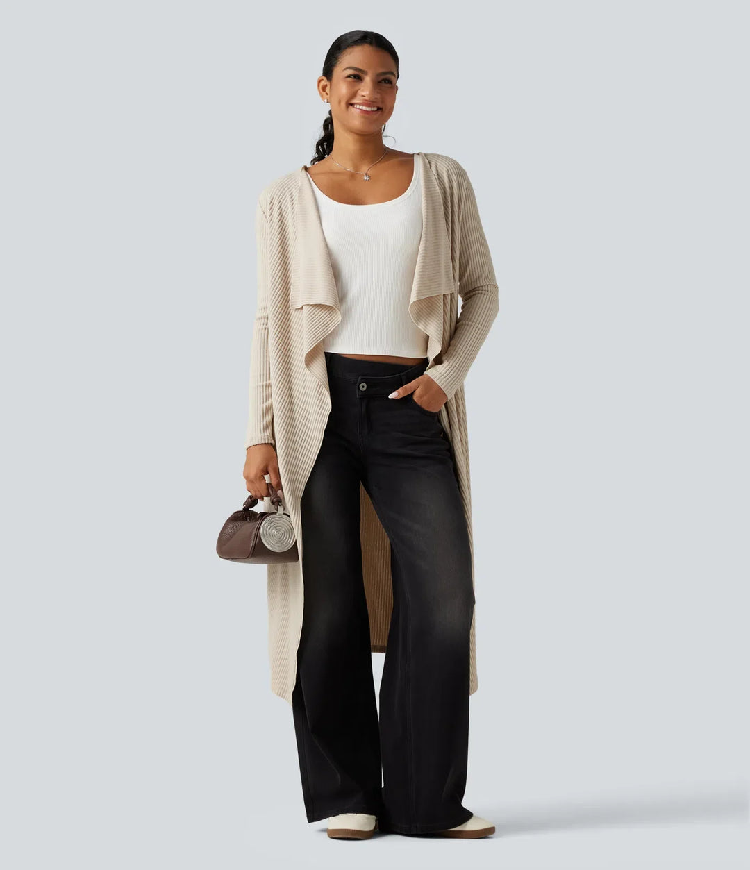 Ribbed Knit Open Front Long Sleeve Casual Longline Waterfall Cardigan with Pockets