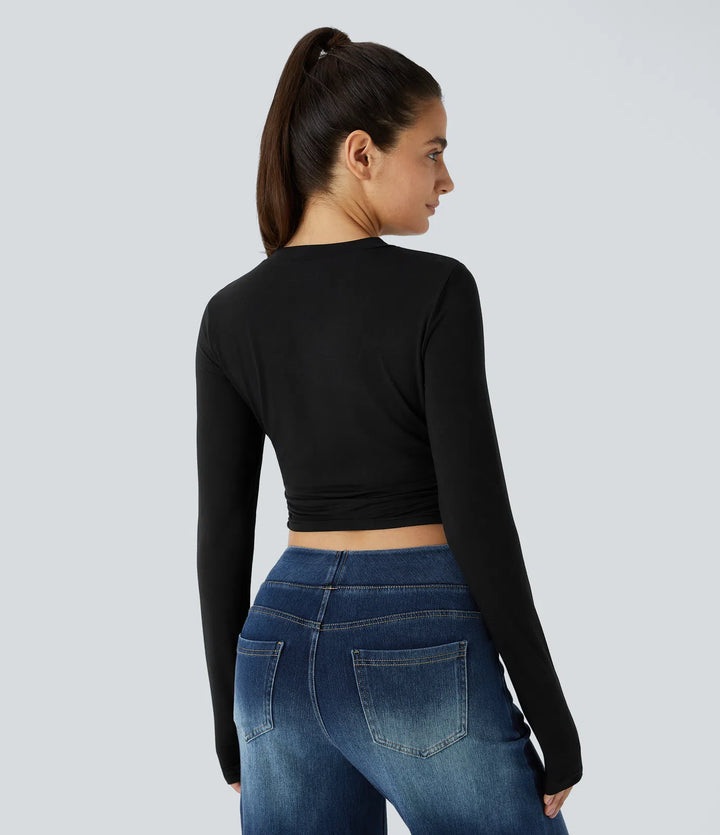 Round Neck Long Sleeve Ruched Skinny Cropped Casual Top