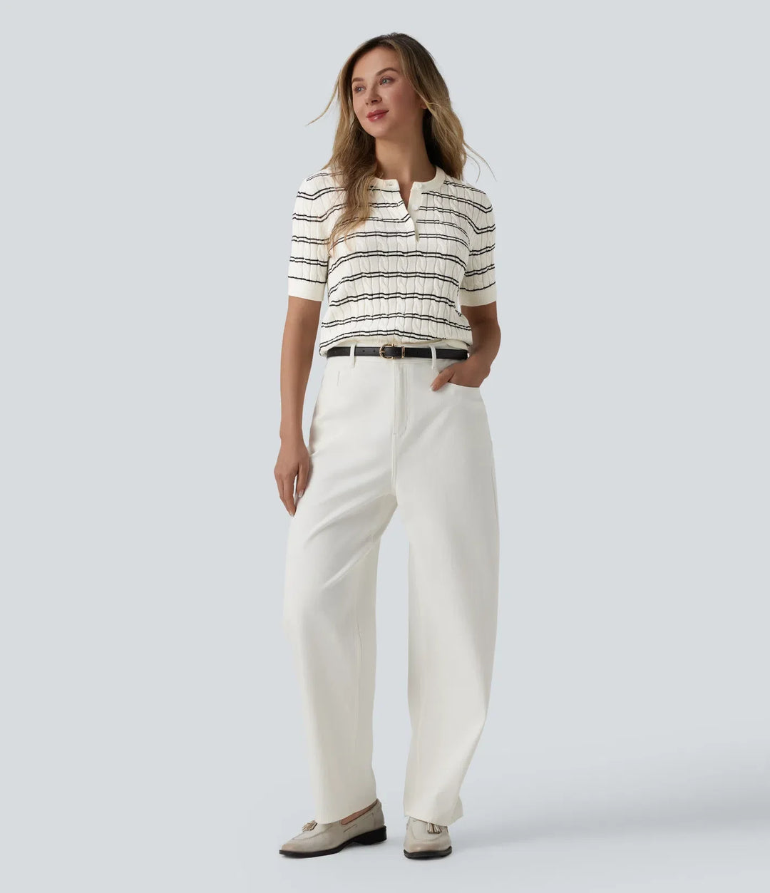Henley Short Sleeve Stripes Work Sweater