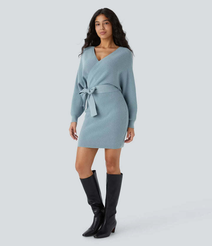 Crossover V Neck  Batwing Long Sleeve Belted Mini Casual Sweater Dress