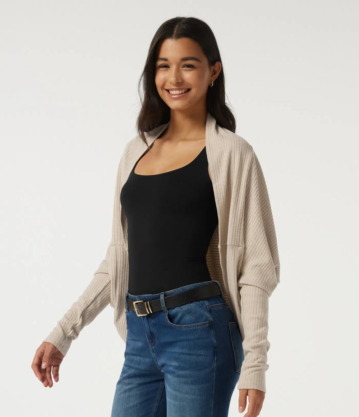 Ribbed Knit Batwing Long Sleeve Curved Hem Casual Cardigan