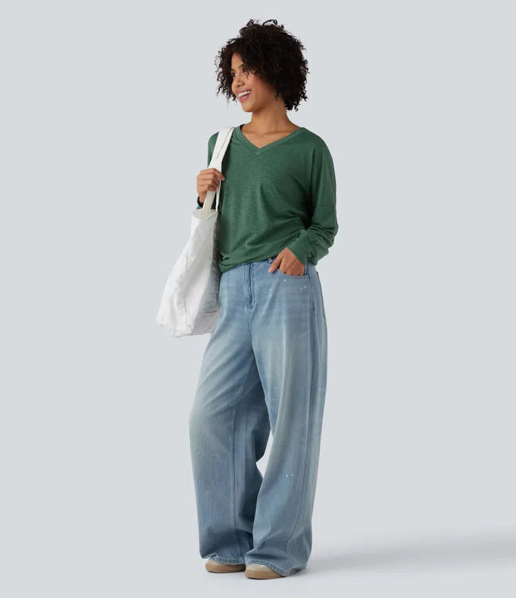 V Neck Long Sleeve Ruched Relaxed Casual T-Shirt