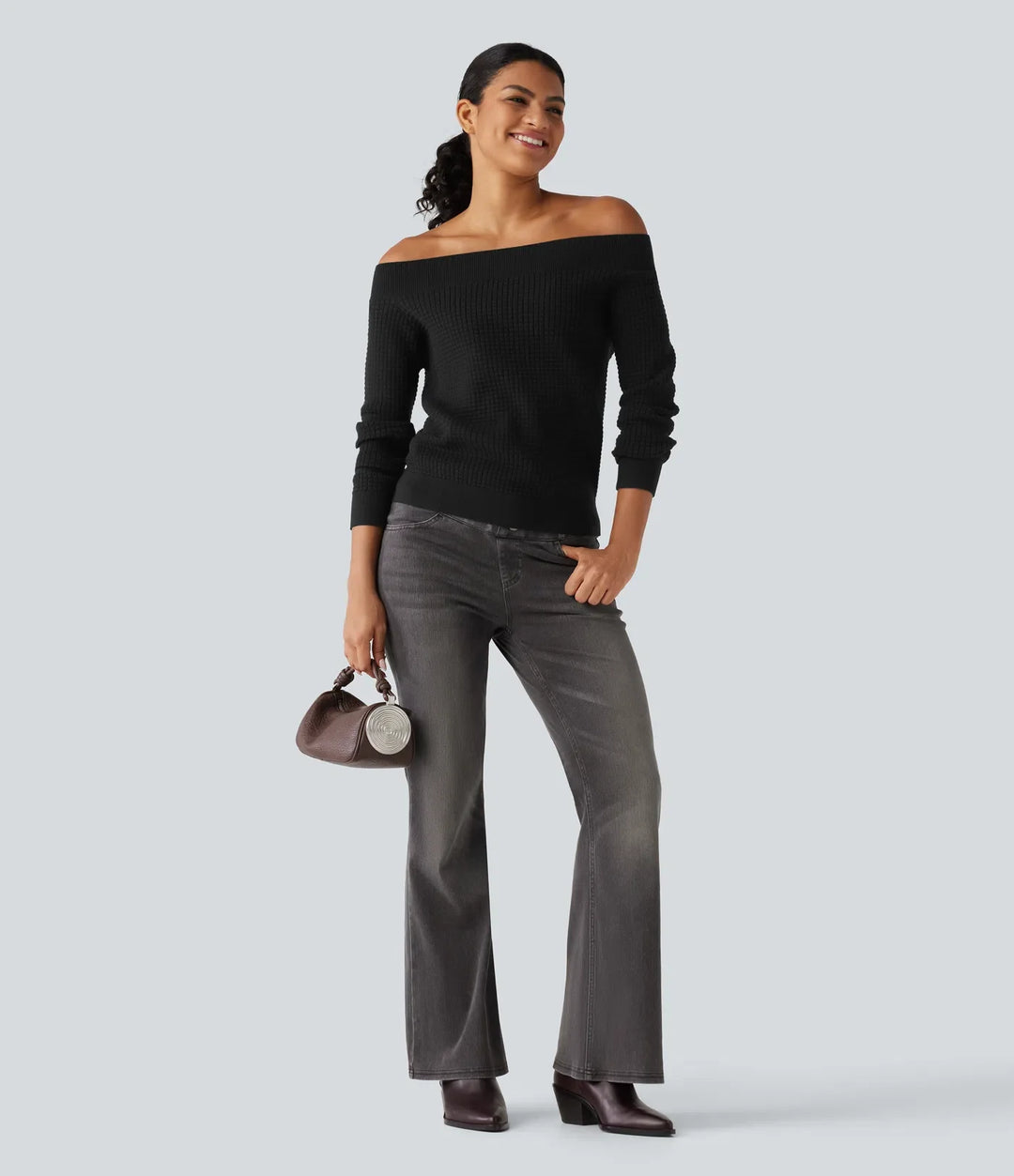 Off Shoulder Long Sleeve Casual Wool-Blend Sweater