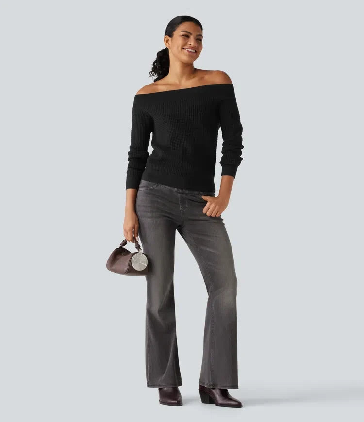 Off Shoulder Long Sleeve Casual Wool-Blend Sweater