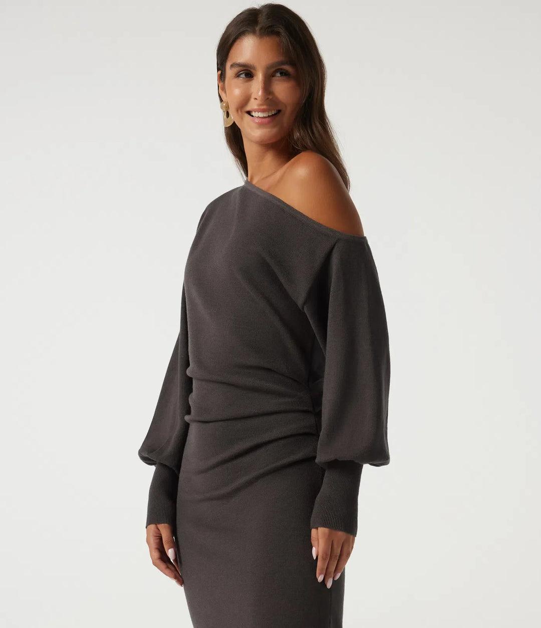 One Shoulder Puff Long Sleeve Asymmetric Work Midi Sweater Dress