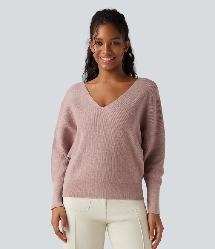 V Neck Long Sleeve Casual Sweater-Front and Back Wearable