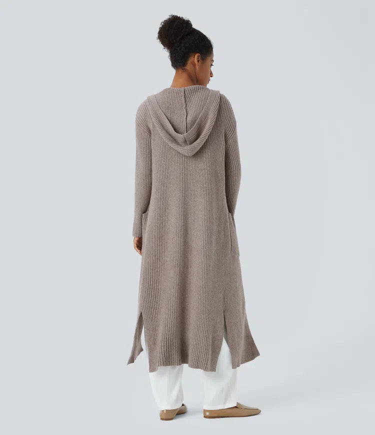 Hooded Long Sleeve Pocket Longline Casual Cardigan