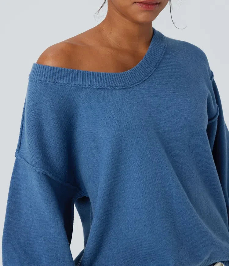 V Neck Dropped Shoulder Long Sleeve Split Casual Sweater