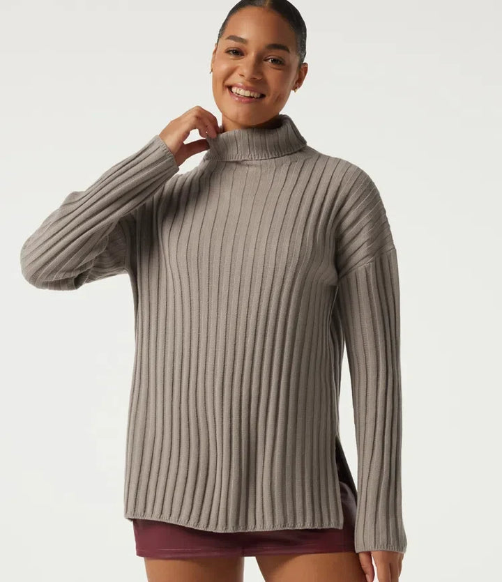 Ribbed Knit High Neck Dropped Long Sleeve Work Sweater