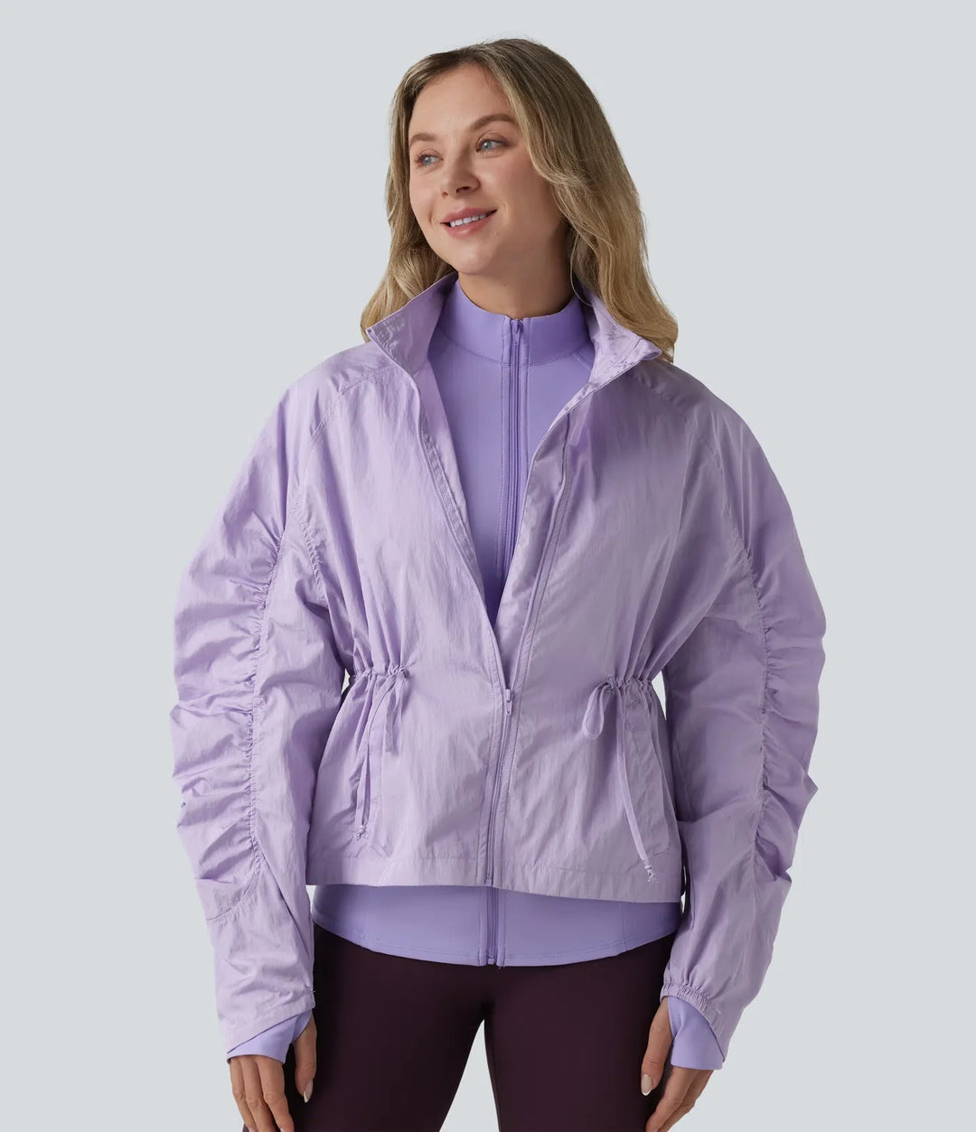 Durable Water Repellent Stand Collar Ruched Sleeve Drawstring Thumb Holes Hiking 3-in-1 Jacket with Pockets