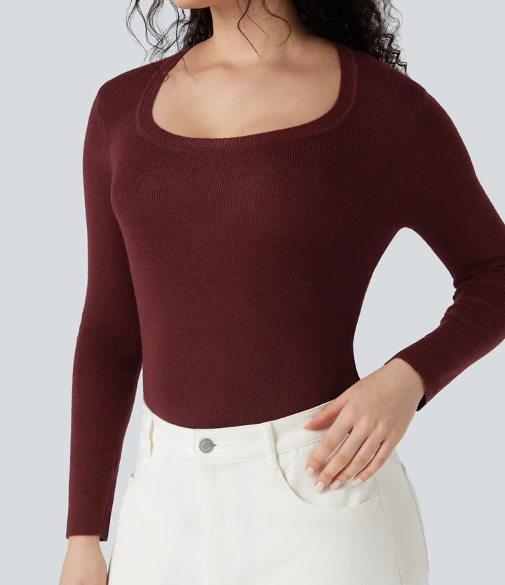 U-Neck Long Sleeve Wool-Blend Casual Sweater