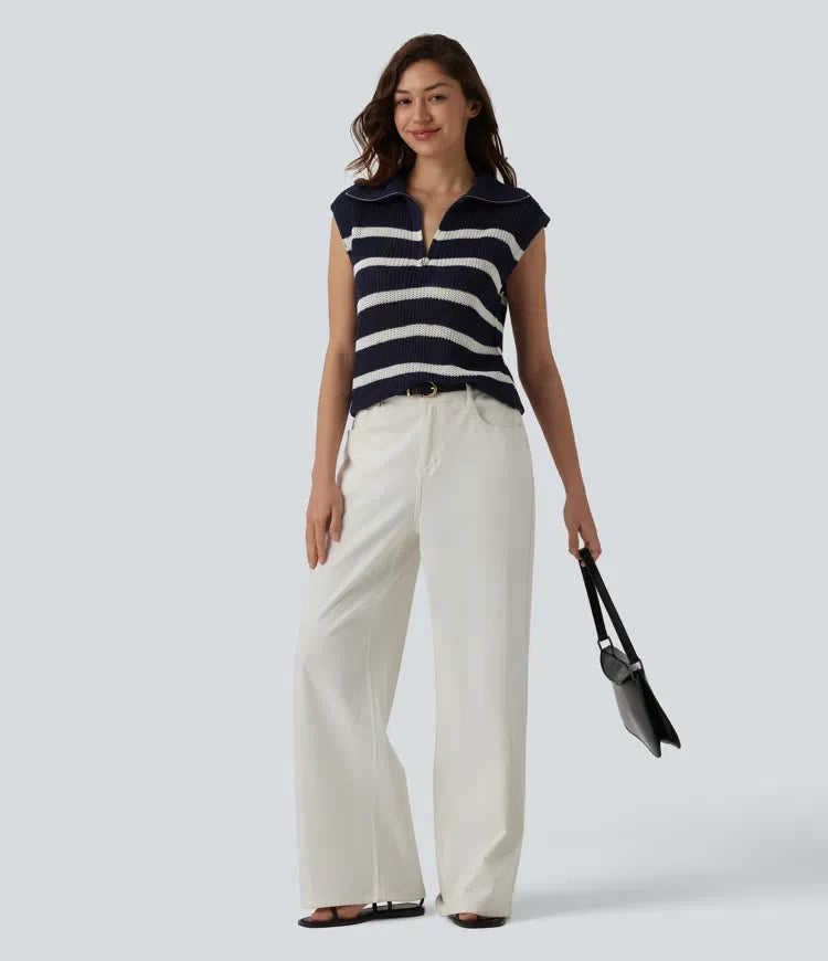 Half Zip Sleeveless Stripe Casual Sweater