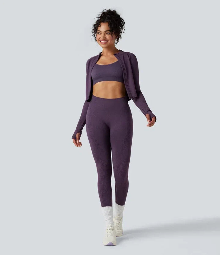 Seamless Flow Stand Collar Long Sleeve Thumb Holes Slim Cropped Yoga Jacket