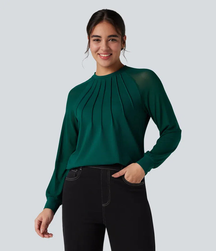 Round Neck Raglan Long Sleeve Contrast Mesh Casual Blouse
